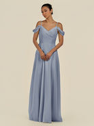 KissDress-Elvani Twilight A Line Chiffon Off the Shoulder Long Bridesmaid Dress with Pleats