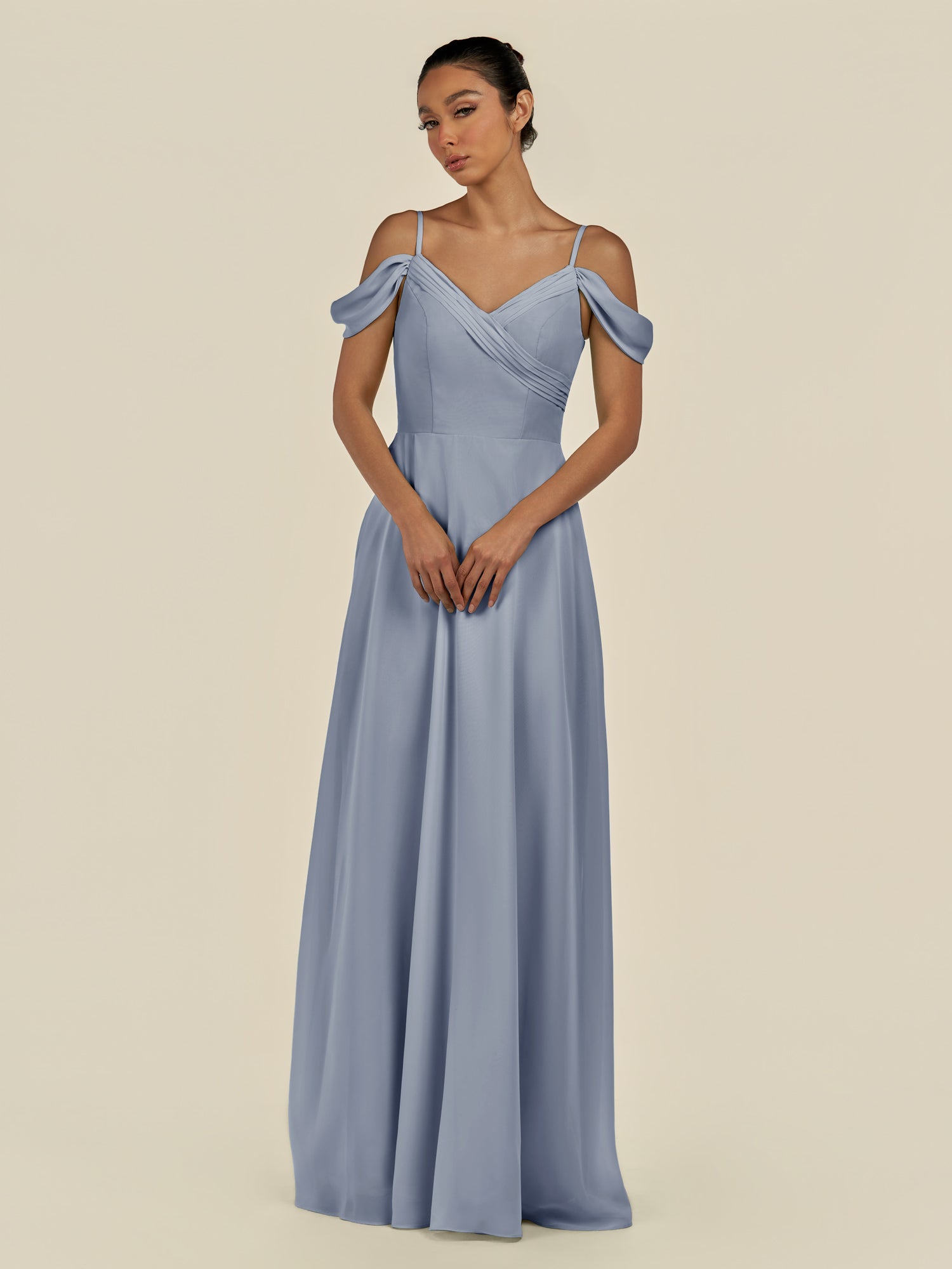 KissDress-Elvani Twilight A Line Chiffon Off the Shoulder Long Bridesmaid Dress with Pleats