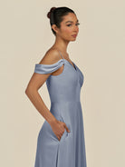 KissDress-Elvani Twilight A Line Chiffon Off the Shoulder Long Bridesmaid Dress with Pleats