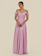 KissDress-Elvani Vintage Mauve A Line Chiffon Off the Shoulder Long Bridesmaid Dress with Pleats