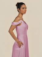 KissDress-Elvani Vintage Mauve A Line Chiffon Off the Shoulder Long Bridesmaid Dress with Pleats