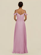 KissDress-Elvani Vintage Mauve A Line Chiffon Off the Shoulder Long Bridesmaid Dress with Pleats