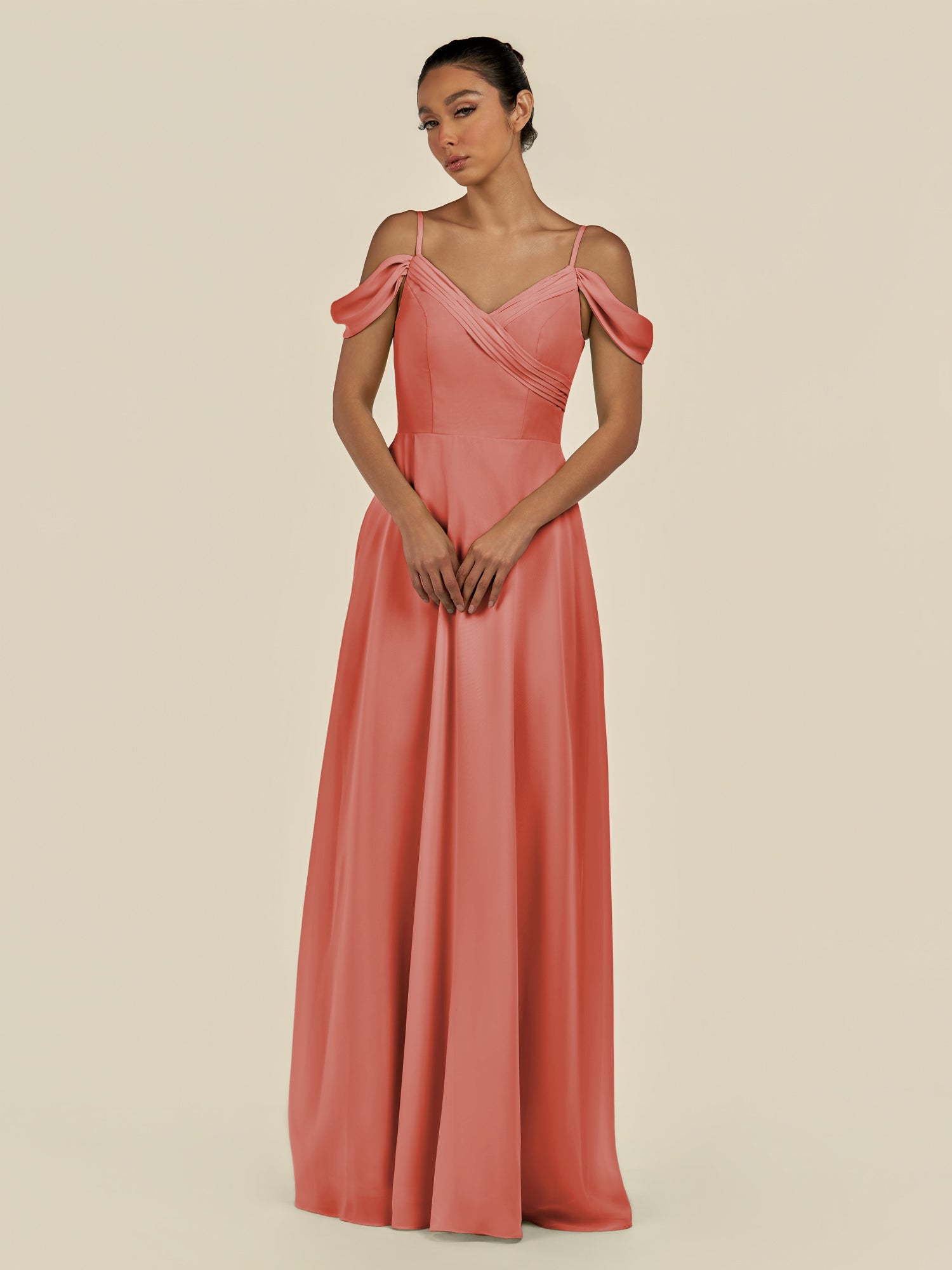 KissDress-Elvani Wild Rose A Line Chiffon Off the Shoulder Long Bridesmaid Dress with Pleats