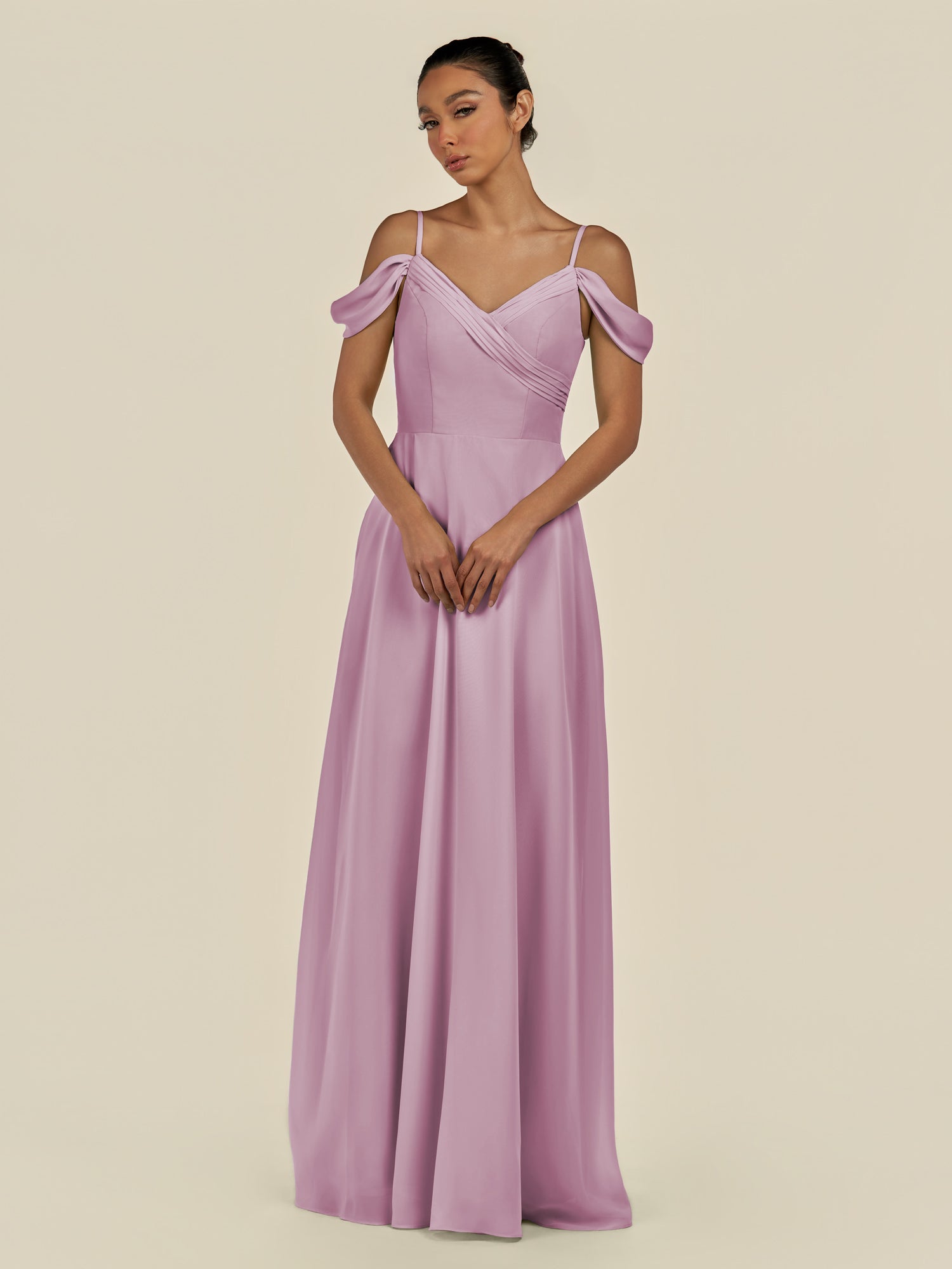 KissDress-Elvani Wisteria A Line Chiffon Off the Shoulder Long Bridesmaid Dress with Pleats