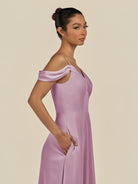 KissDress-Elvani Wisteria A Line Chiffon Off the Shoulder Long Bridesmaid Dress with Pleats