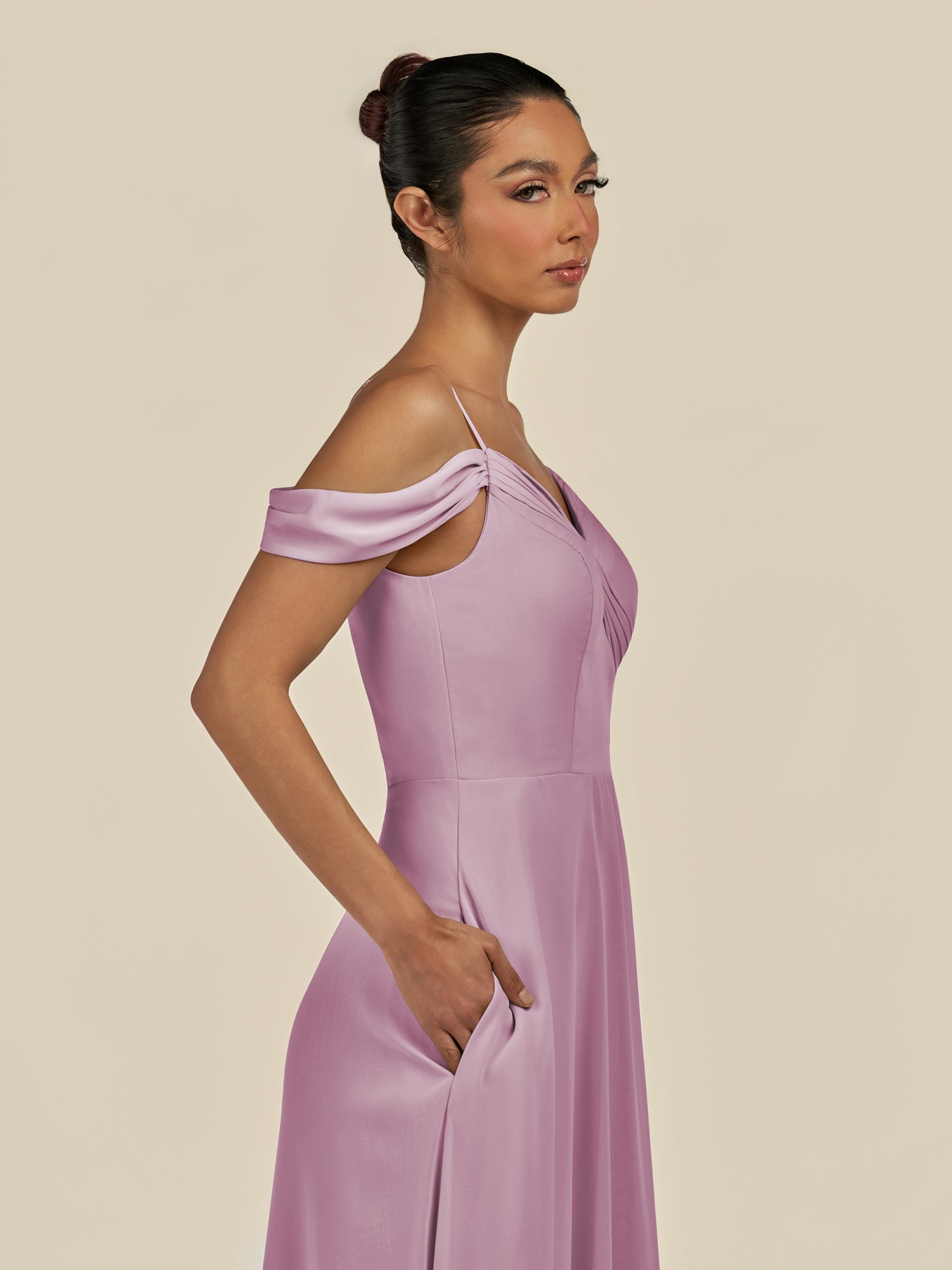 KissDress-Elvani Wisteria A Line Chiffon Off the Shoulder Long Bridesmaid Dress with Pleats