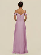 KissDress-Elvani Wisteria A Line Chiffon Off the Shoulder Long Bridesmaid Dress with Pleats