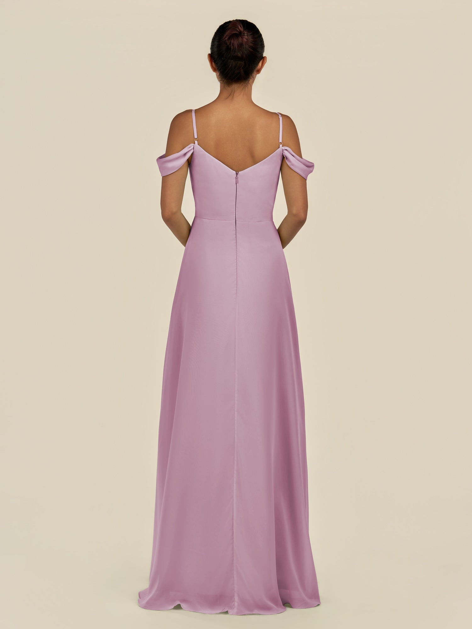KissDress-Elvani Wisteria A Line Chiffon Off the Shoulder Long Bridesmaid Dress with Pleats
