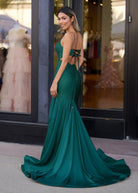 Emelia | Mermaid Spaghettti Strap Beaded Satin Prom Dress with Slit - KissProm