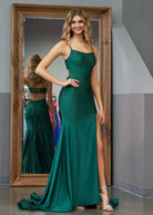 Emelia | Mermaid Spaghettti Strap Beaded Satin Prom Dress with Slit - KissProm