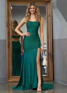 Emelia | Mermaid Spaghettti Strap Beaded Satin Prom Dress with Slit - KissProm