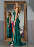 Emelia | Mermaid Spaghettti Strap Beaded Satin Prom Dress with Slit - KissProm