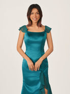 Ailani | Emerald Green Square Neck Ruffle Slit Prom Dress - KissProm