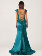 Ailani | Emerald Green Square Neck Ruffle Slit Prom Dress - KissProm
