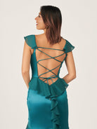 Ailani | Emerald Green Square Neck Ruffle Slit Prom Dress - KissProm