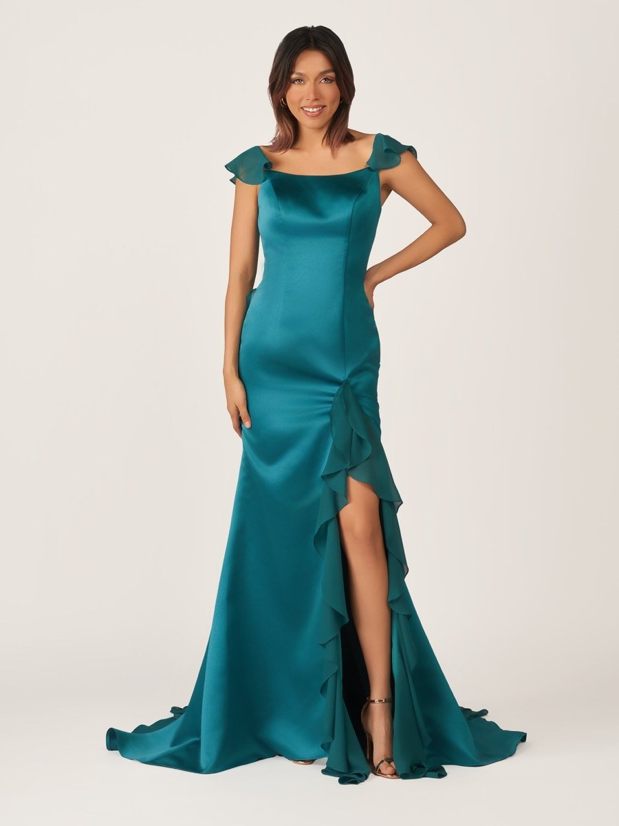 Ailani | Emerald Green Square Neck Ruffle Slit Prom Dress - KissProm