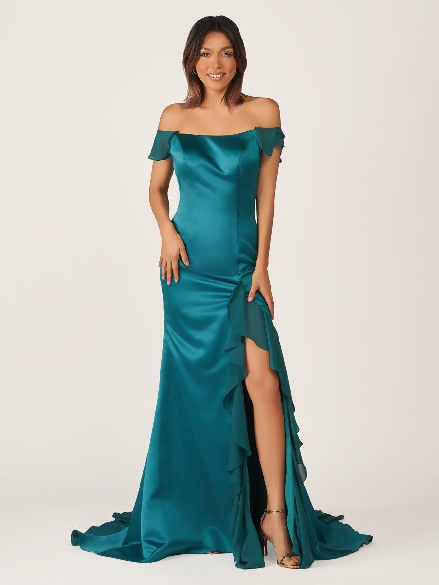 Ailani | Emerald Green Square Neck Ruffle Slit Prom Dress - KissProm