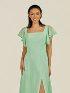 KissDress-Emeris Pale Pistachio A Line Chiffon Square Neck Long Bridesmaid Dress with Flutter Sleeves