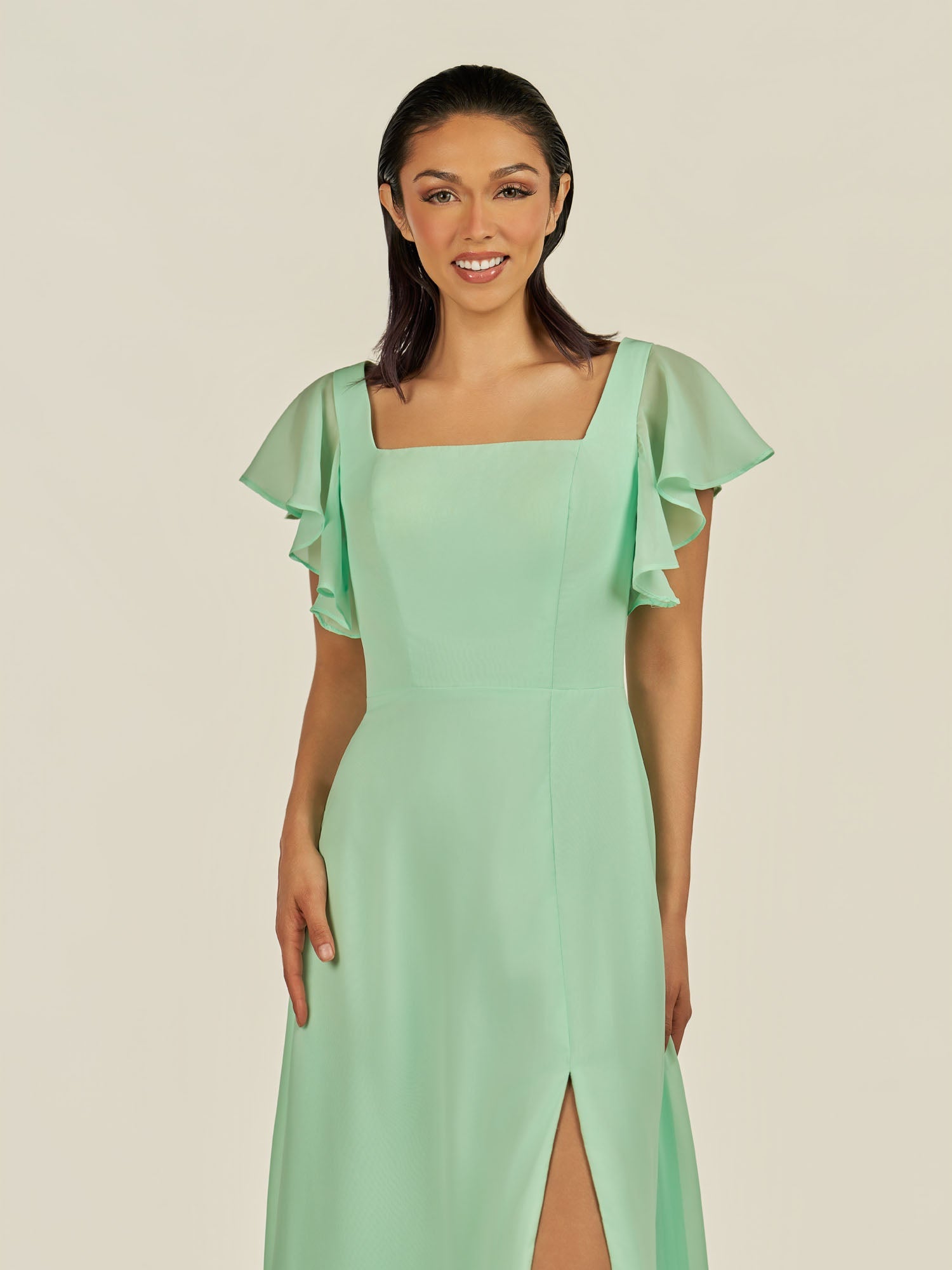 KissDress-Emeris Pale Pistachio A Line Chiffon Square Neck Long Bridesmaid Dress with Flutter Sleeves