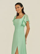KissDress-Emeris Pale Pistachio A Line Chiffon Square Neck Long Bridesmaid Dress with Flutter Sleeves