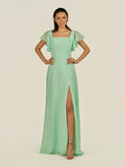 KissDress-Emeris Pale Pistachio A Line Chiffon Square Neck Long Bridesmaid Dress with Flutter Sleeves