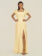 KissDress-Emeris Pastel Yellow A Line Chiffon Square Neck Long Bridesmaid Dress with Flutter Sleeves