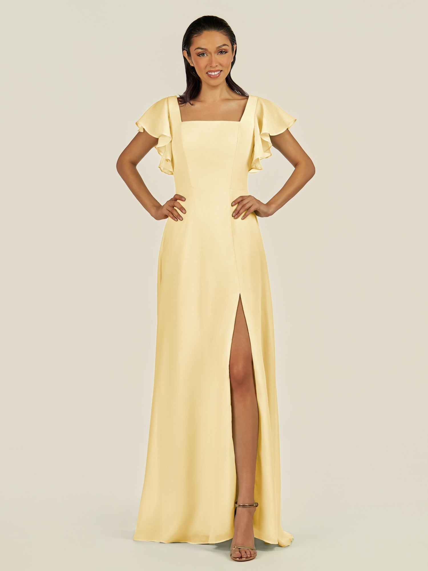 KissDress-Emeris Pastel Yellow A Line Chiffon Square Neck Long Bridesmaid Dress with Flutter Sleeves