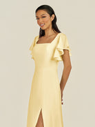 KissDress-Emeris Pastel Yellow A Line Chiffon Square Neck Long Bridesmaid Dress with Flutter Sleeves