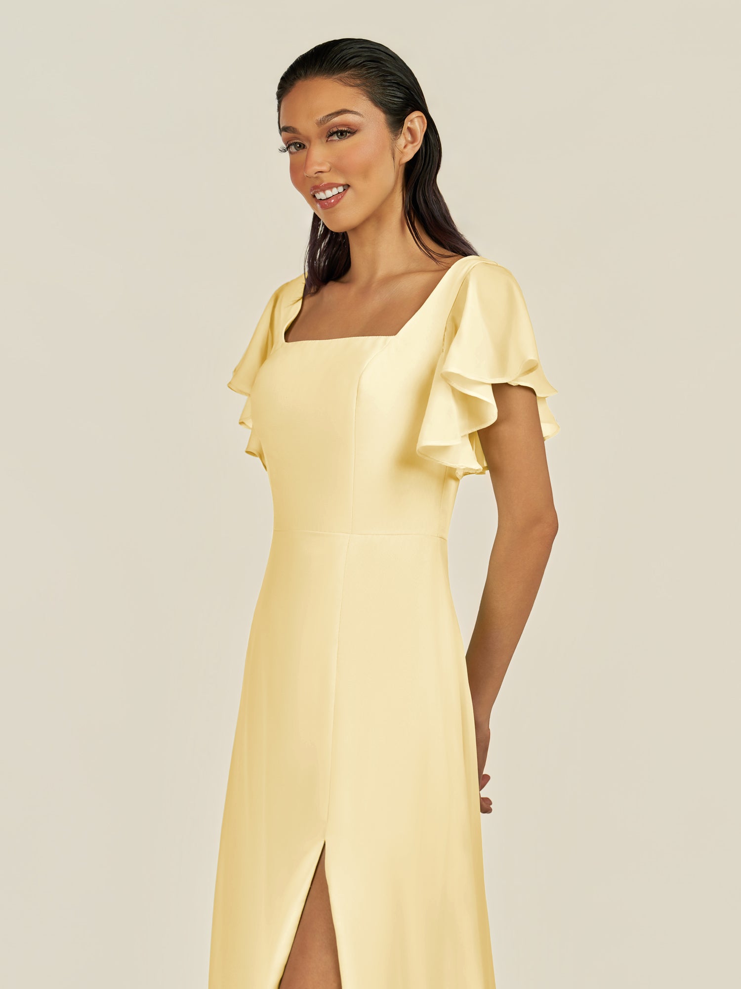 KissDress-Emeris Pastel Yellow A Line Chiffon Square Neck Long Bridesmaid Dress with Flutter Sleeves