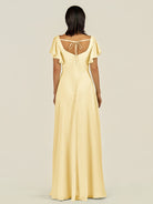 KissDress-Emeris Pastel Yellow A Line Chiffon Square Neck Long Bridesmaid Dress with Flutter Sleeves