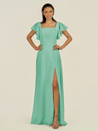 KissDress-Emeris Turquoise A Line Chiffon Square Neck Long Bridesmaid Dress with Flutter Sleeves