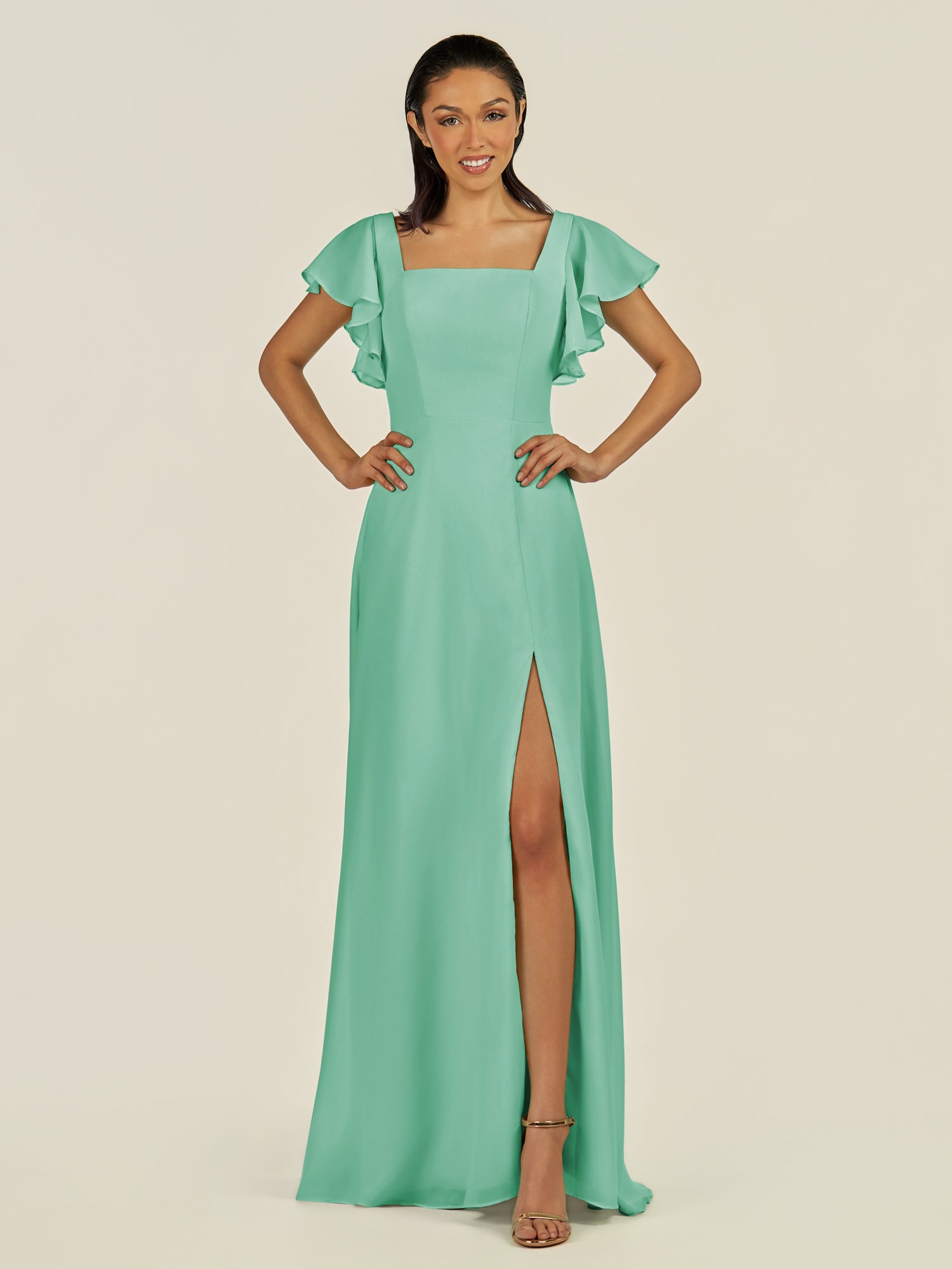 KissDress-Emeris Turquoise A Line Chiffon Square Neck Long Bridesmaid Dress with Flutter Sleeves