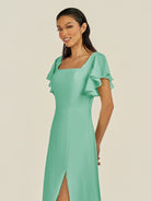 KissDress-Emeris Turquoise A Line Chiffon Square Neck Long Bridesmaid Dress with Flutter Sleeves