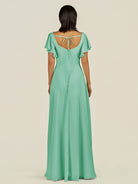KissDress-Emeris Turquoise A Line Chiffon Square Neck Long Bridesmaid Dress with Flutter Sleeves
