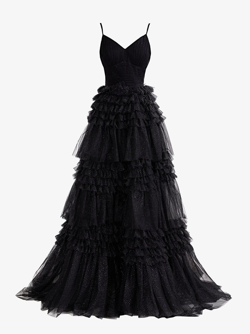 Emerson |A - Line Deep V Neck Tiered Long Glitter Tulle Prom Dress - KissProm