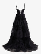 Emerson |A - Line Deep V Neck Tiered Long Glitter Tulle Prom Dress - KissProm