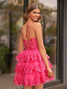 Emma | A Line One Shoulder Navy Tiered Lace Short Homecoming Dress - KissProm