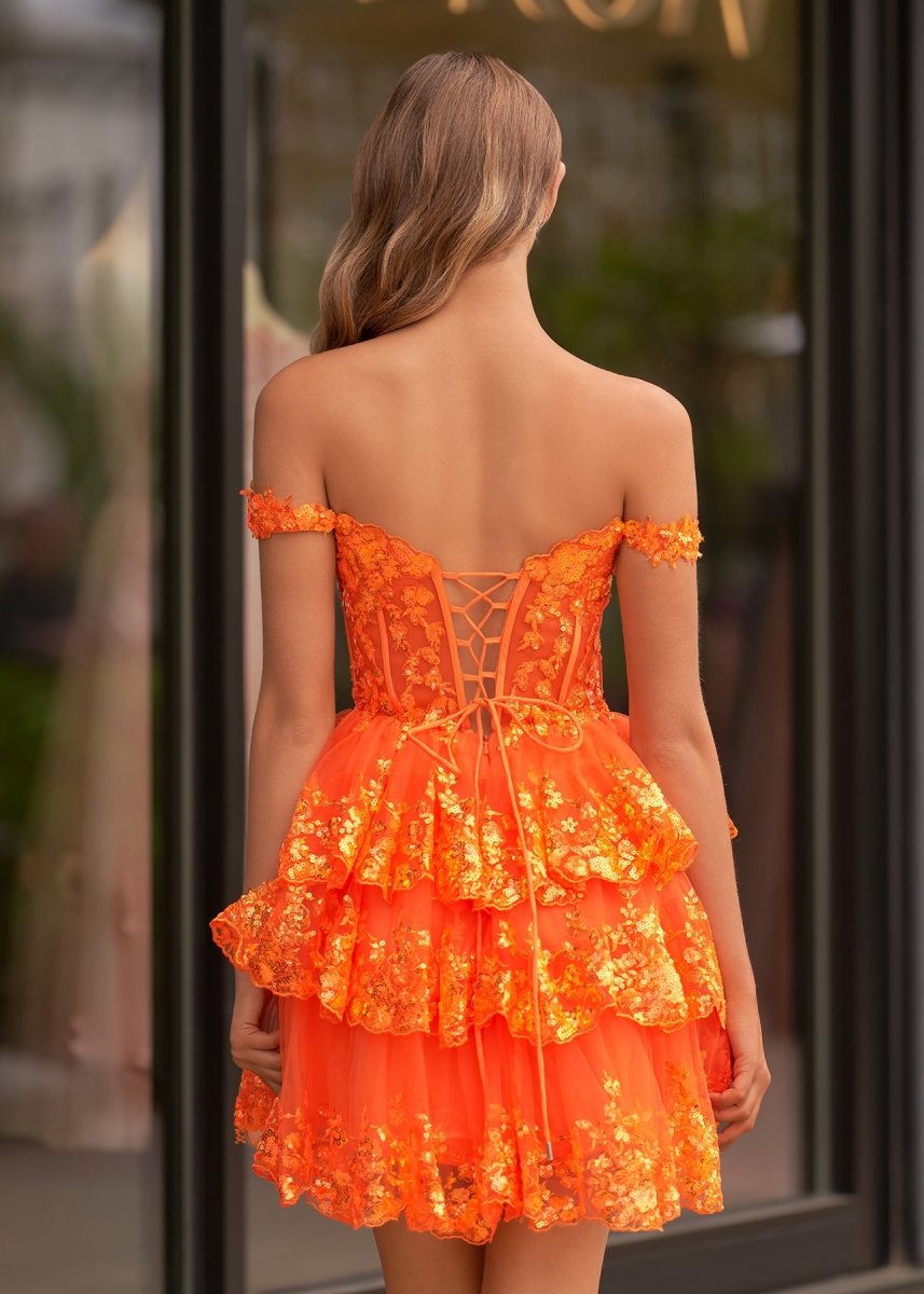 Emma | A Line One Shoulder Navy Tiered Lace Short Homecoming Dress - KissProm