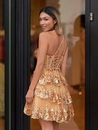 Emma | A Line One Shoulder Navy Tiered Lace Short Homecoming Dress - KissProm