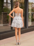 Emma | A Line One Shoulder Navy Tiered Lace Short Homecoming Dress - KissProm