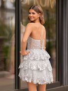 Emma | A Line One Shoulder Navy Tiered Lace Short Homecoming Dress - KissProm