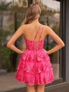 Emma | A Line One Shoulder Navy Tiered Lace Short Homecoming Dress - KissProm