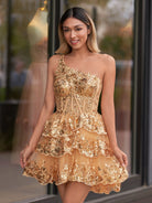 Emma | A Line One Shoulder Navy Tiered Lace Short Homecoming Dress - KissProm