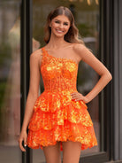 Emma | A Line One Shoulder Navy Tiered Lace Short Homecoming Dress - KissProm