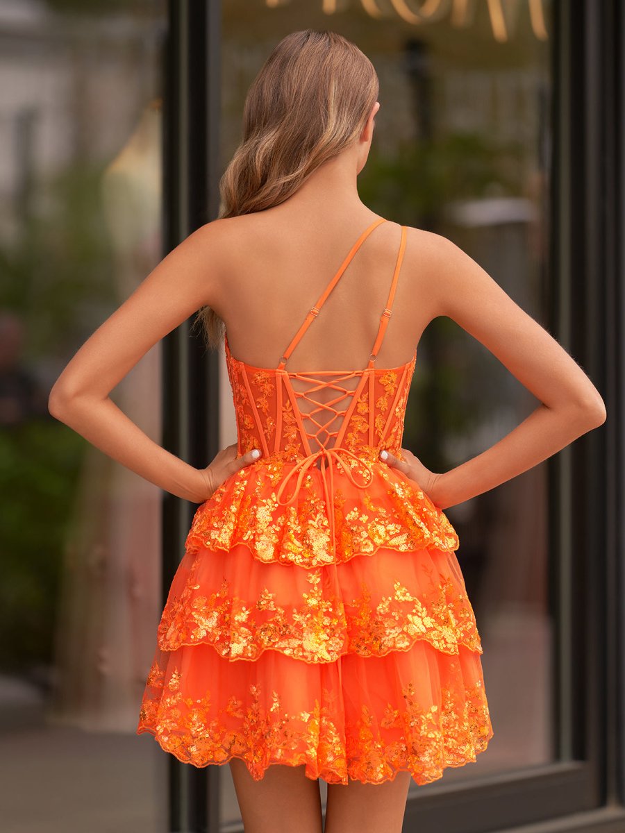 Emma | A Line One Shoulder Navy Tiered Lace Short Homecoming Dress - KissProm