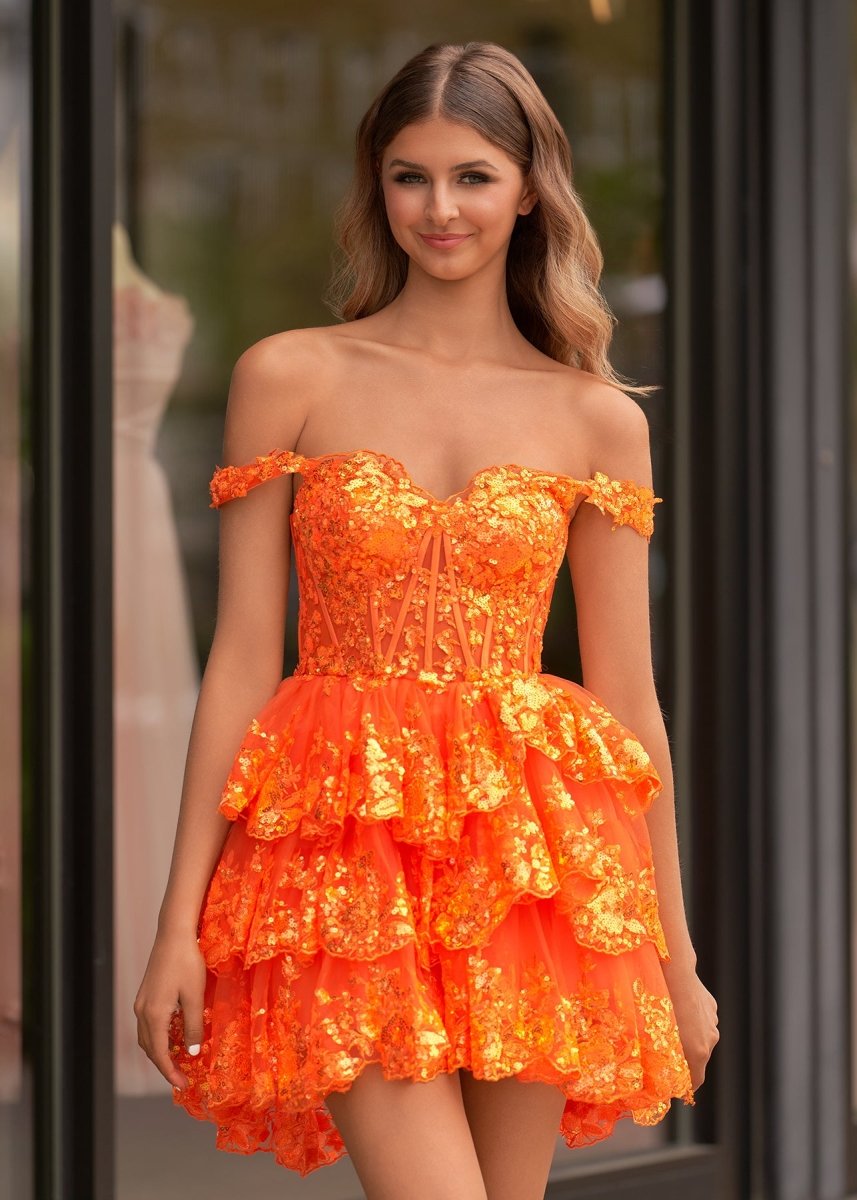 Emma | A Line One Shoulder Navy Tiered Lace Short Homecoming Dress - KissProm
