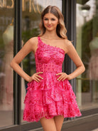 Emma | A Line One Shoulder Navy Tiered Lace Short Homecoming Dress - KissProm