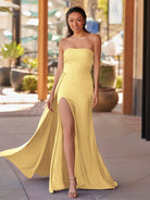 Eowyn | Mermaid Strapless Satin Long Prom Dresses With Split - KissProm