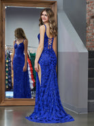 Erryn |Sparkly Blue Sheath Sequins Long Prom Dress with Slit - KissProm
