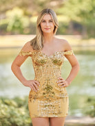 Erykah | Short Off the Shoulder Sheath Gold Kace Corset Homecoming Dresses - KissProm